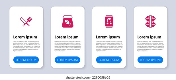 Set Lunch box, Soda can, Online ordering fish and Crossed knife and fork. Business infographic template. Vector