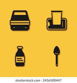 Set Lunchbox, Löffel, Flasche Wasser und Lebensmittel Bestellung mobile Ikone mit langem Schatten. Vektorgrafik