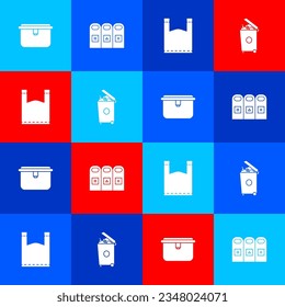 Establece la caja de almuerzo, la basura en los cubos de basura ordenados, el plástico y el icono. Vector