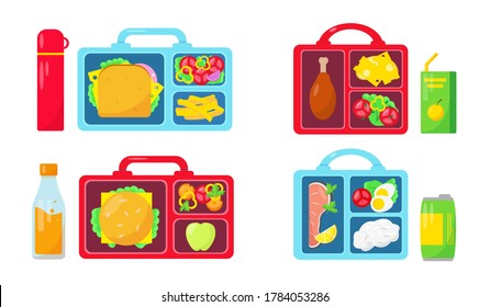 Set of lunch boxes with food and drinks on white background. School lunch  collection. Vector icons illustration.