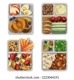 A set of lunch boxes for a full and healthy snack. With vegetables, berries and carbs