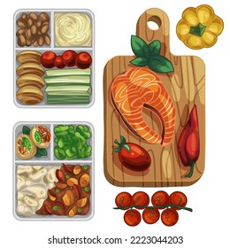 A set of lunch boxes for a full and healthy snack. Red fish with vegetables