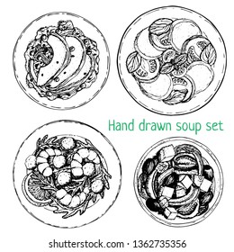 Set of lunch and dinner ingredients top view. Food elements collection. Hand drawn vector illustration for banners, fllyer, menu