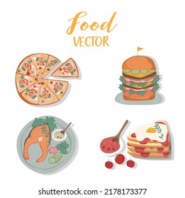 Set of lunch and dinner isolated on white background.Tasty colorful serving ,dishes icon set,food,Vector illustrations.