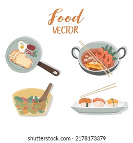 Set of lunch and dinner isolated on white background.Tasty colorful serving ,dishes icon set,food,Vector illustrations.