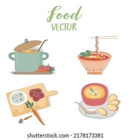 Conjunto de almuerzos y cenas aislados en un fondo blanco. Sabrosas comidas coloridas, juegos de iconos de platos, comida, ilustraciones de vectores.