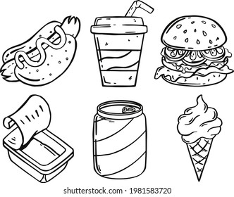 Set of Lunch Fast Food or Junk Food With Doodle or Sketchy Style on White Background. Vector illustration