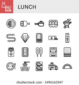 Set of lunch icons such as Knife, Meat, Ham, Cooking pot, Egg, Bbq, Sausage, Salad, Meatloaf, Loaf, Chocolate bar, French fries, Ribs, Corn dog, Sandwich, Bacon, Soup , lunch