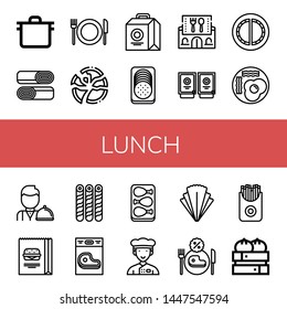 Set of lunch icons such as Pot, Shawarma, Restaurant, Broken plate, Lunch box, Sausage, Sauces, Cheburek, Fried eggs, Waiter, Burger, Wafer, Steak, Chicken leg, Chef, Salad , lunch