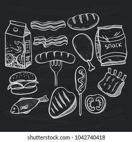 set of lunch menu illustration with doodle or hand drawn style on chalkboard background