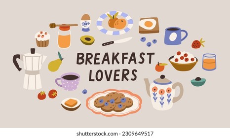 Set of lunch, morning food illustration. Cups of tea and coffee, fruits and oatmeal. 
Breakfast meal, eating set. Perfect for social media posts, stickers and cards.    All elements are isolated.