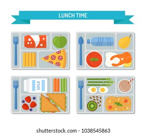 Set lunches on a tray. Healthy food. Business or schooll lunch. Flat style. Vector illustration. 
