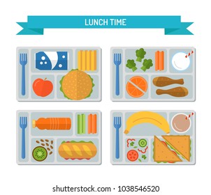 Set Lunches On A Tray. Healthy Food. Business Or Schooll Lunch. Flat Style. Vector Illustration. 
