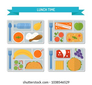 Set lunches on a tray. Healthy food. Business or schooll lunch. Flat style. Vector illustration. 
