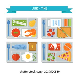 Set Lunches On A Tray. Healthy Food. Business Or Schooll Lunch. Flat Style. Vector Illustration. 
