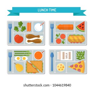 Set lunches on a tray. Healthy food. Business or schooll lunch. Flat style. Vector illustration. 
