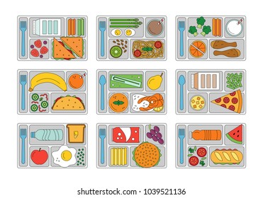 Set Lunches On A Tray. Line Style. Healthy Food. Element For Tour Design. Vector Illustration.