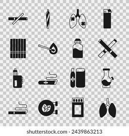 Set Pulmones, Bong, Cigarrillo, Enfermedad de los pulmones, Quemando fósforo con fuego, No fumar y Vape icono de botella de líquido. Vector