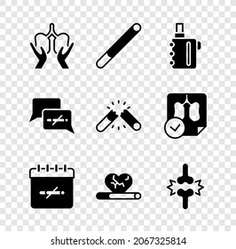 Set Lunge, Zigarette, E-Zigarette, keine Rauchtage, Herzkrankheiten mit, Gelenkschmerzen, Knieschmerzen und gebrochene Symbol. Vektorgrafik