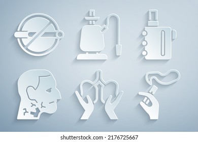Set Lungs, Electronic cigarette, Throat cancer, Hand with smoking, Hookah and No icon. Vector
