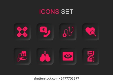 Pulmones establecidos, llamada de emergencia 911, vendaje cruzado de yeso, efecto de ojos rojos, inspección médica del corazón, símbolo de ADN, estetoscopio e icono de donación de sangre. Vector