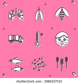 Set Lungs, Kidney beans, Bee, Emergency car, Medical digital thermometer, Face with psoriasis or eczema, Fish and Medicine pill tablet icon. Vector