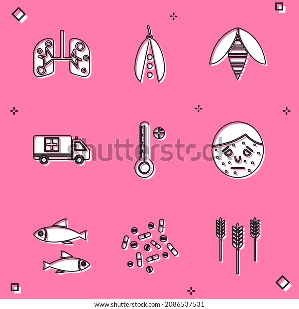 Set Lungs, Kidney beans, Bee,\
Emergency car, Medical digital thermometer, Face with psoriasis or\
eczema, Fish and Medicine pill tablet icon.\
Vector