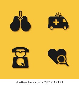 Set Lungs, Medical heart inspection, Emergency call 911 and Ambulance car icon with long shadow. Vector