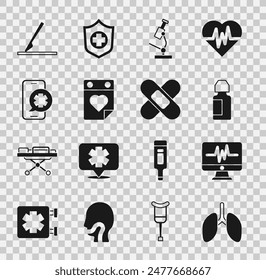 Set Lungs, Monitor with cardiogram, Eye drop bottle, Microscope, Doctor appointment, Emergency phone call, Medical surgery scalpel and Crossed bandage plaster icon. Vector