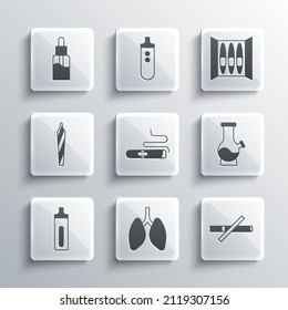 Set Lungs, No Smoking, Bong, Cigar, Electronic Cigarette, Marijuana Joint, Spliff, Vape Liquid Bottle And  Icon. Vector