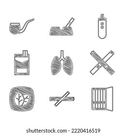 Set Lungs, No smoking, Cigarette case, Tobacco leaf, Cigarettes pack box, Electronic cigarette and pipe icon. Vector