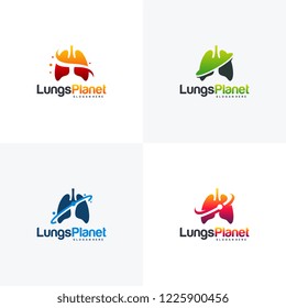 Set of Lungs Planet logo designs concept vector, Lungs shield logo, Lungs Care logo template