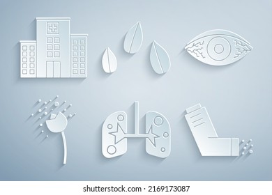 Set Lungs, Reddish eye allergic conjunctivitis, Flower producing pollen, Inhaler, Sesame seeds and Medical hospital building icon. Vector