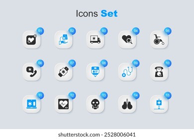 Set Lungs, Smart watch with heart, Blood donation, Clinical record laptop, Location hospital, Emergency call 911, Mobile rate and IV bag icon. Vector