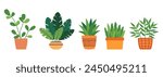 Set of lush green plants in pots. Greenery for interior decoration, plant lovers. Flowers in a pot in flat style. Houseplants. Vector illustration.
