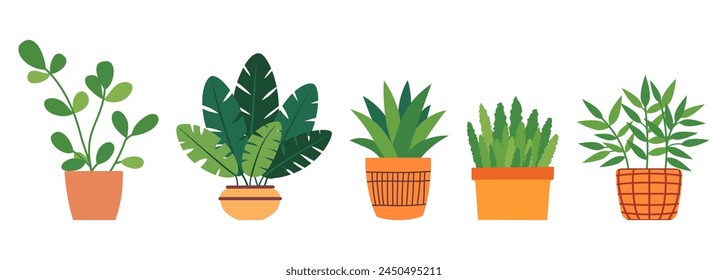 Set of lush green plants in pots. Greenery for interior decoration, plant lovers. Flowers in a pot in flat style. Houseplants. Vector illustration.