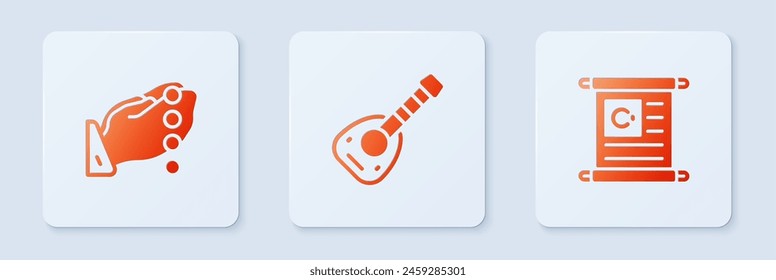 Set Lute, Hands in praying position and Holy book of Koran. White square button. Vector