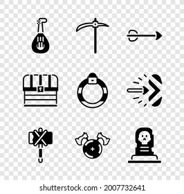 Establece Lute, Pickaxe, Arrow, Medieval, shield con, Grave tombstone, Chest y Magic ring icon. Vector