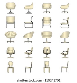 Set of Luxurious armchairs, chairs set. Architecture interior design home and office furniture. Isolated on white, vector
