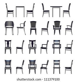 Set of Luxurious armchairs, chairs and tables set. Architecture interior design home and office furniture. Isolated on white, vector