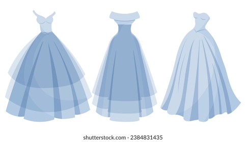 A set of luxurious blue dresses, a collection of princess wedding dresses. Fashion. Illustration, vector