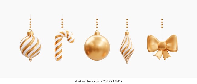 Set of luxurious premium Christmas ornaments. Decorative elements Christmas bauble, candy cane, and ribbon bow. Suitable for use in social media, greeting cards, print design and web interface