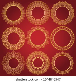Set of luxurious round golden frames. Nine lace openwork frames on a red background.Vector.