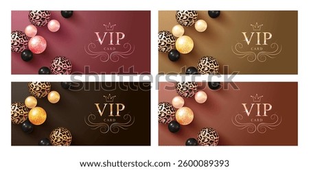 A set of luxurious VIP cards with decorative spheres. Beadswith unique textures: leopard print, glitter, mother-of-pearl and glossy black. Realistic 3D rendering with soft shadows. Exclusive or