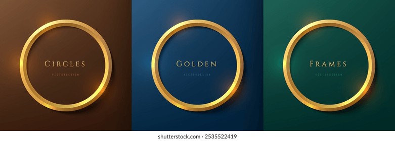 Conjunto de marcos de círculo dorado de lujo 3D sobre fondo verde, azul oscuro y marrón. Abstractas podio redondo para exhibición de productos o espacio de copia. Colección de fondo geométrico. Diseño de escena de vista superior.