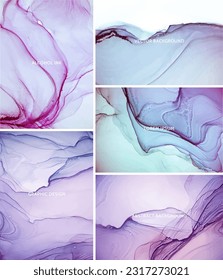 Set luxury abstract alcohol ink marble texture. Modern fluid art backgrounds.