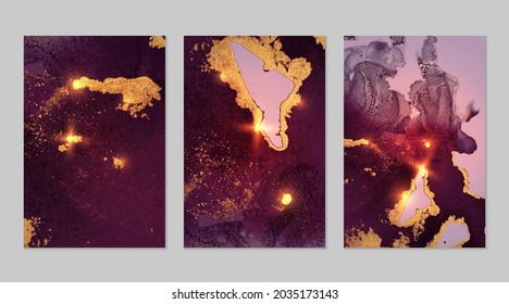 Set of luxury abstract fluid art alcohol ink patterns with marble texture. Modern purple, pink and gold backgrounds with paint splash and golden glitter for poster, flyer, brochure design.