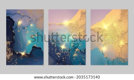 Set of luxury abstract fluid art alcohol ink patterns with marble texture. Modern ocean blue and gold sand backgrounds with paint splash and golden glitter for poster, flyer, brochure design.