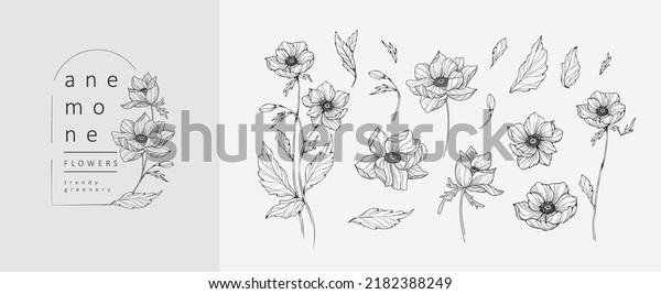 Set of luxury anemone flowers and logo. Trendy\
botanical elements. Hand drawn line leaves branches and blooming.\
Wedding elegant wildflowers for invitation save the date card.\
Vector trendy greenery