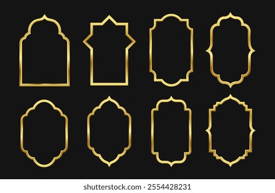 Set of luxury arabic golden frames decoration. islamic arch windows oriental shapes in retro style.vector illustration